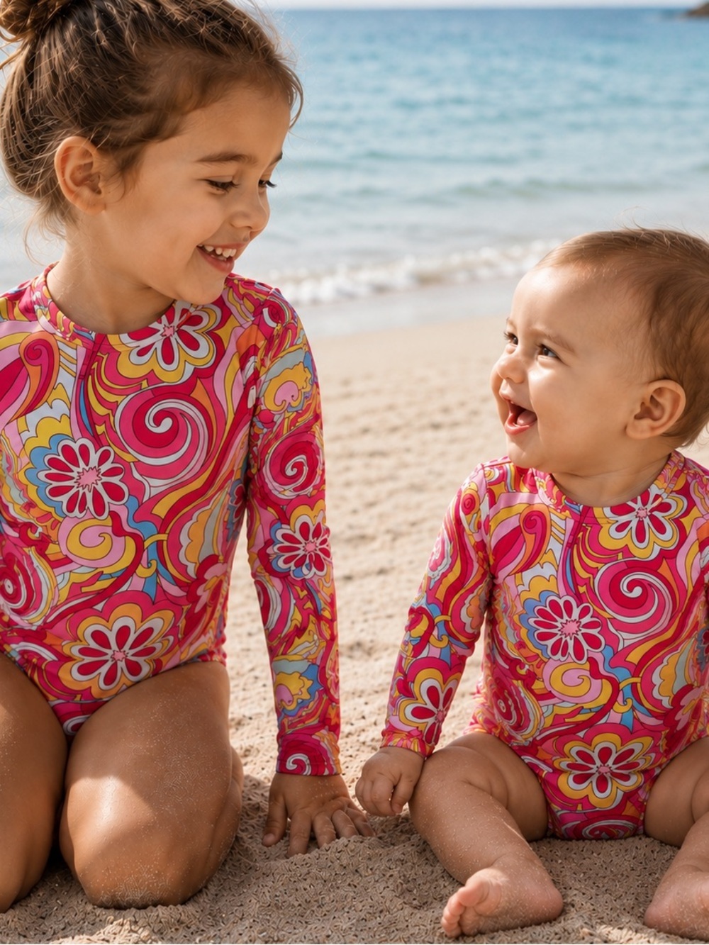 NWT Girl Baby Sleeve One Piece Swimsuit in Pink Floral Size 2T, 3-4T, 5-6, 8-9